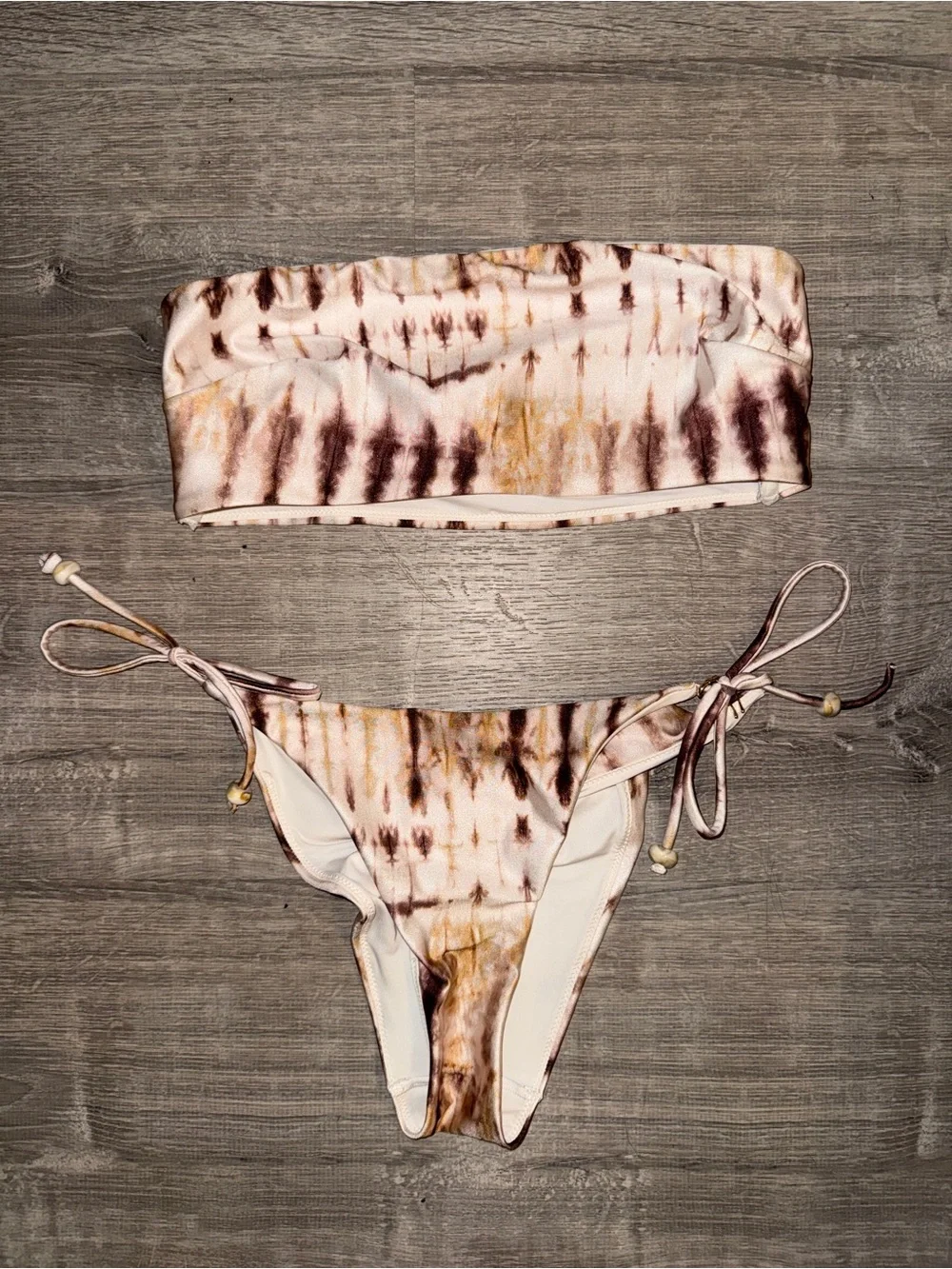 H&M Tie-Dye Bandeau Bikini in Cream and Brown